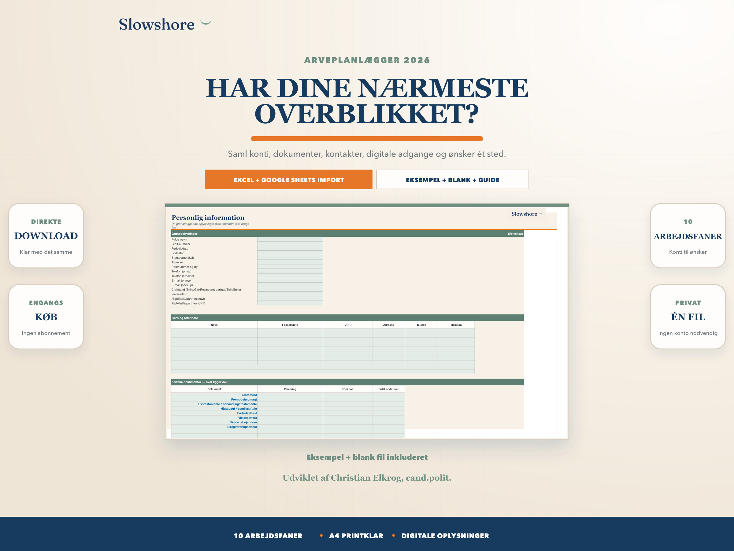 Forside og arbejdsark til Slowshore Arveplanlægger 2026