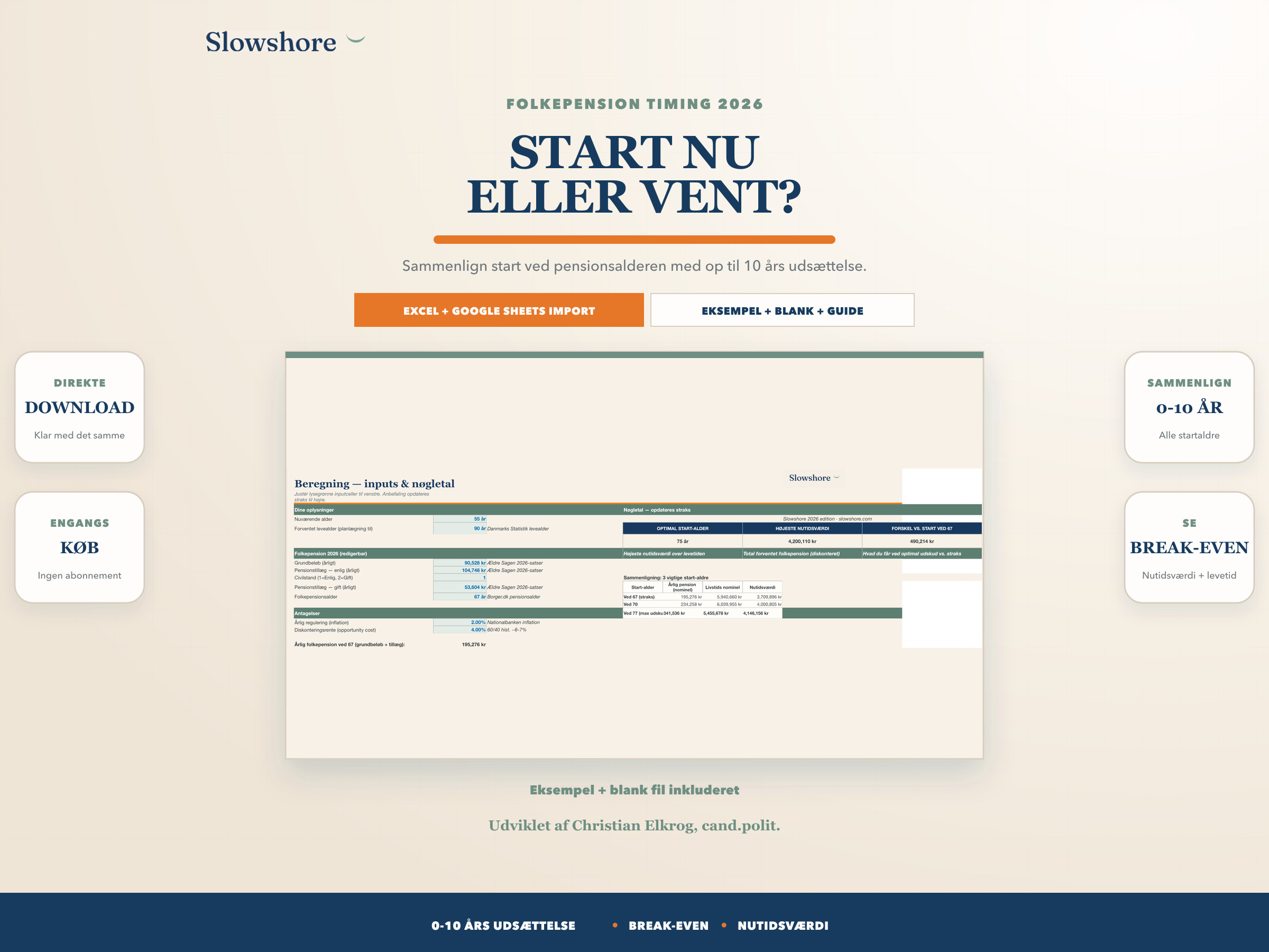 Forside og beregning til Slowshore Folkepension Timing 2026