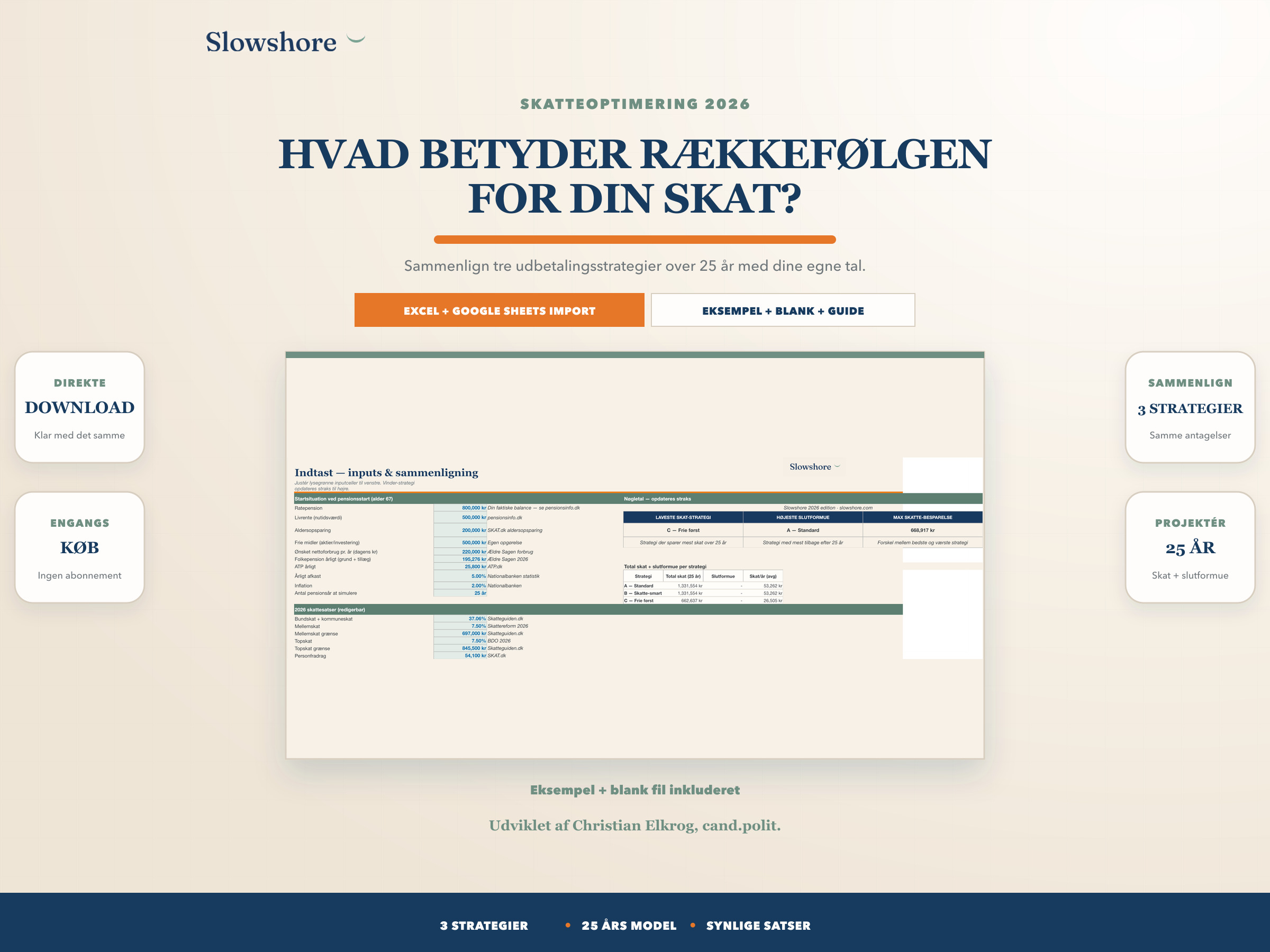 Forside og scenarier til Slowshore Skatteoptimering 2026